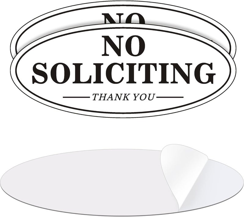 MongFun No Soliciting Sign for House Door, Self-adhesive 7" x 3" Metal Signs for Office Wall, Durable UV and Easy Mounting, Oval Design with Black White Colors (2 Pack WHITE) - Image 1